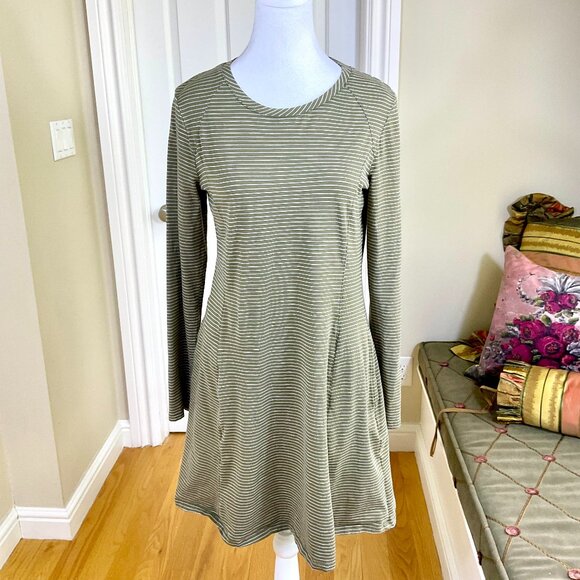 Toad & Co Dress Organic Olive Stripe Crew Neck Long Sleeve Cotton Tencel (M) - Picture 1 of 6